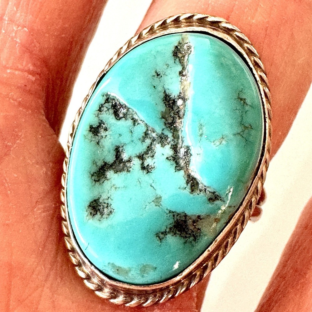Vintage Navajo Turquoise Ring Sz 7.5 Rope Sterling Silver Native‎ American Oval